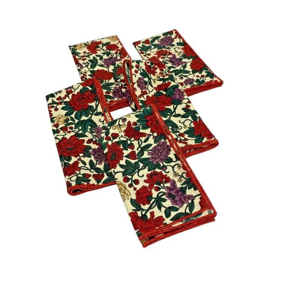 Vintage Fabric Napkins (5) 1980's Cocktail Dessert Sized Red Green Gold Floral - Picture 2 of 5